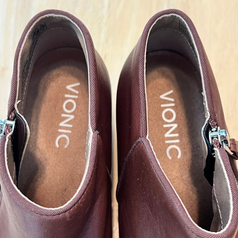 Vionic Jolene Mocha Burnished Leather Ankle Booties Side Zip Block Heel W6.5 - Picture 9 of 10